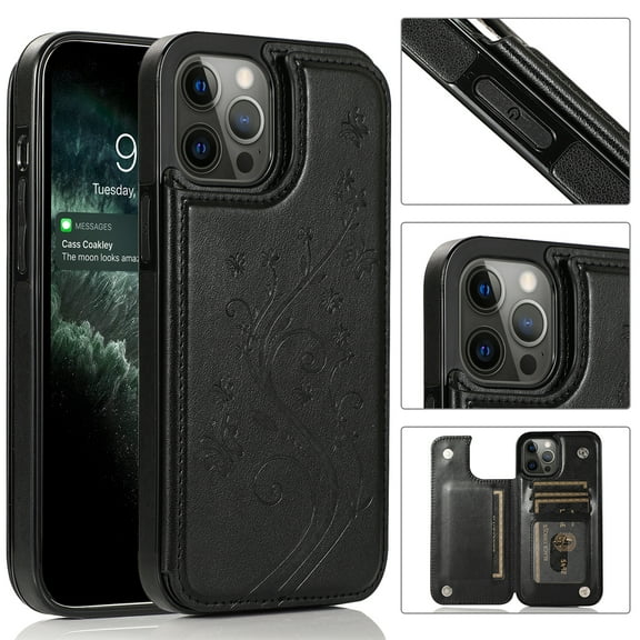 Feishell Back Case for iPhone 13 Pro Max,Embossed Pattern PU Leather Wallet Phone Case with ID Credit Card Slots Shockproof Magnetic Buckle Back Flip Holder Protective Cover,Black