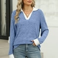 thumbnail image 2 of Holzkary Women's V Neck Sweaters Pullover Color Block Collar Long Sleeves Loose Fit Casaul Lightweight Polo Tunic Tops Shirts Contrast Collared Shirts Ribbed Fall Tops Lightweight Sweaters Blue Xl, 2 of 7