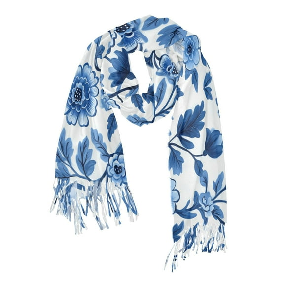 FORMRS Womens Scarf Winter Soft Long Big Warm Shawls Wrap Tassel Scarves, Blue Floral Pattern