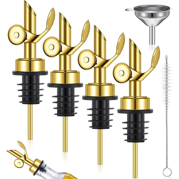 BlinkLLX 4 Pieces Weighted Stainless Steel Pourers Olive Oil Spout Olive Oil Dispenser Spout Automatic Opening and Closing with Funnel and Brush for Pouring Wine Syrup Kitchen(Gold)