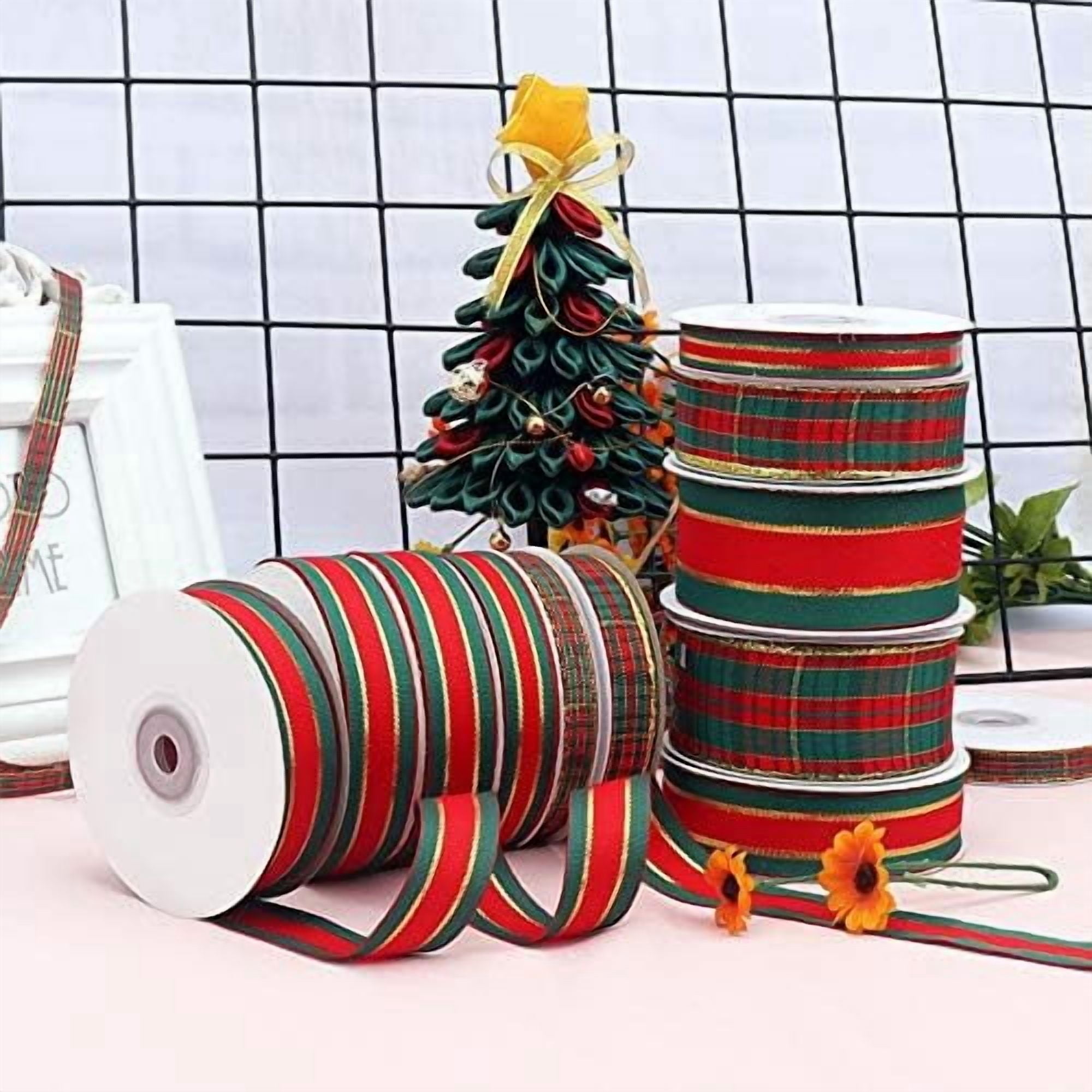 Christmas Checkered Plaid Ribbon 25 Yard Each Roll 100% Polyester Woven Edge Gingham Ribbon for Christmas Crafts, Gift Wrapping Red/Green/Gold (1 Inch(25mm))