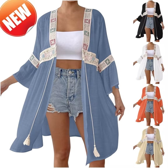 Taqqpue Women's Kimono Swimsuit Coverups Beach Casual Long Sleeve Cardigan Bathing Suit Cover Up for Summer Swimwear Cardigan