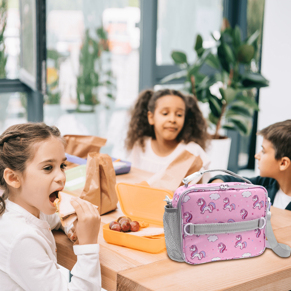 ComfiTime Lunch Bag for Kids – Insulated Lunch Box for Girls and Boys, Cute Reusable Cooler Bag with Zipper Pockets, Bottle Holder, Padded Handles and Shoulder Strap (Pink Unicorn)
