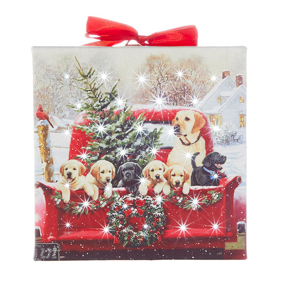 RAZ Imports~6" Christmas Dogs & Presents Winter Lighted Print Ornament~Canvas 