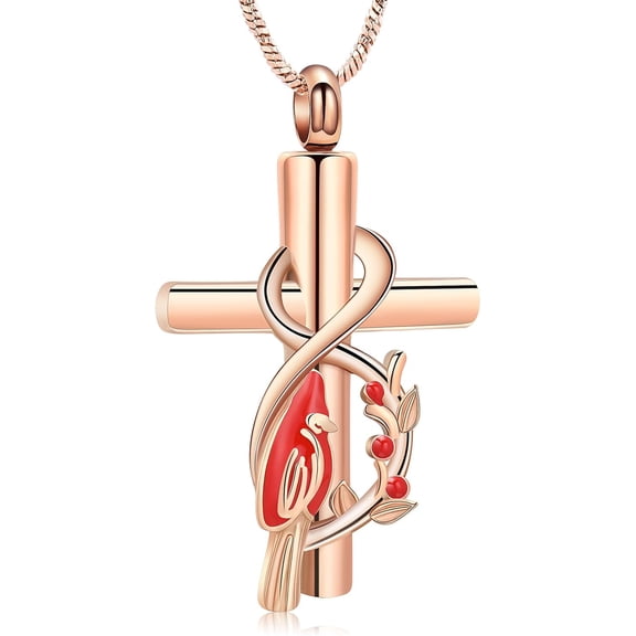 Cross Cremation Jewelry for Ashes Red Cardinal Cross Urn Necklace for Ashes Stainless Steel Keepsake Ashes Holder Memorial Loved One Urn Jewelry
