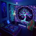 thumbnail image 1 of Tapiz fluorescente con diseño de árbol de la vida, calavera, cielo estrellado, fondo de luz negra, tela decorativa para colgar en el dormitorio, 1 of 6