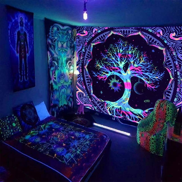 Fluorescent Tapestry Tree of Life Skull Starry Sky Black Light Background Cloth Dormitory Decorative Hanging Cloth
