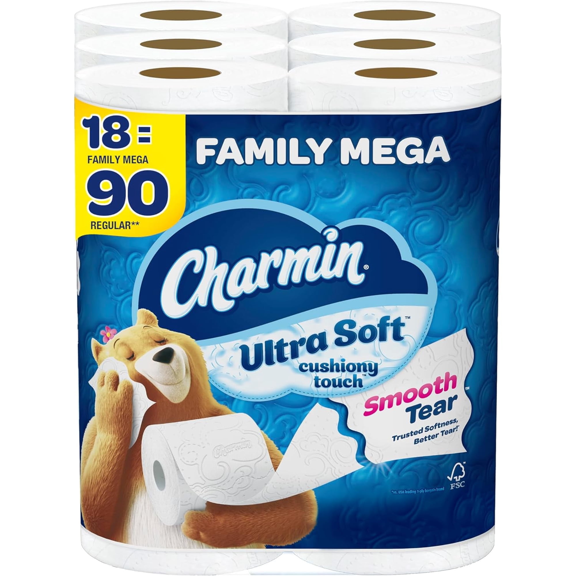 Charmin Toilet Paper Ultra Soft Cushiony Touch, 18 Family Mega Rolls = 90 Regular Rolls