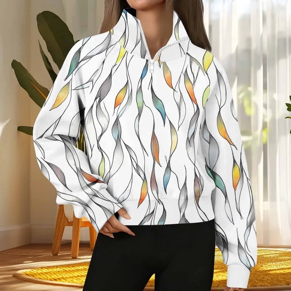 ICHUANYI Womens Quarter Zip Printed Pullover Casual Long Sleeve Shirts Half Zip Sweatshirt Hoodless Pullover Sweatshirts