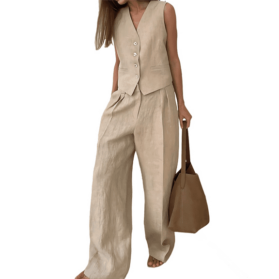 Women'S 2 Piece Outfits Linen Vest Waistcoat Dressy Casual Sets Wide Leg Pants Suits Khaki L