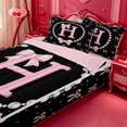thumbnail image 3 of meiyoeat Chic Pearl Necklace Print Zipper Full Size Comforter Sets with Fitted Sheet and 2 Pillowcases For Kids,Pink Coquette Bowknot Initial Letter H Zipper Bedding Set,Pink Reversible,4 Pieces, 3 of 7