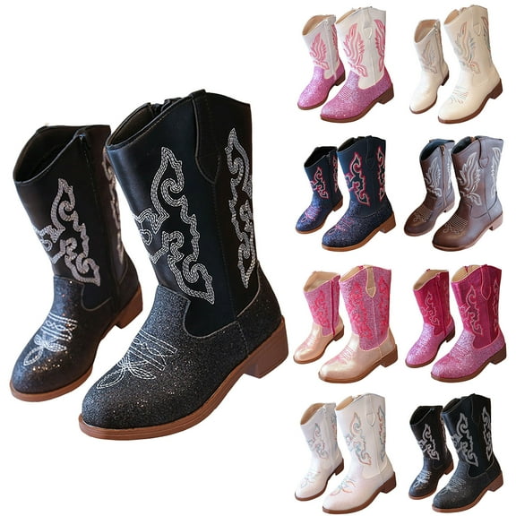 Mepaouo Girls Cowgirl Boots Kids Toddler Western Cowboy Mid Calf Booties Unisex Child Glitter Riding Shoes Beige 11.5