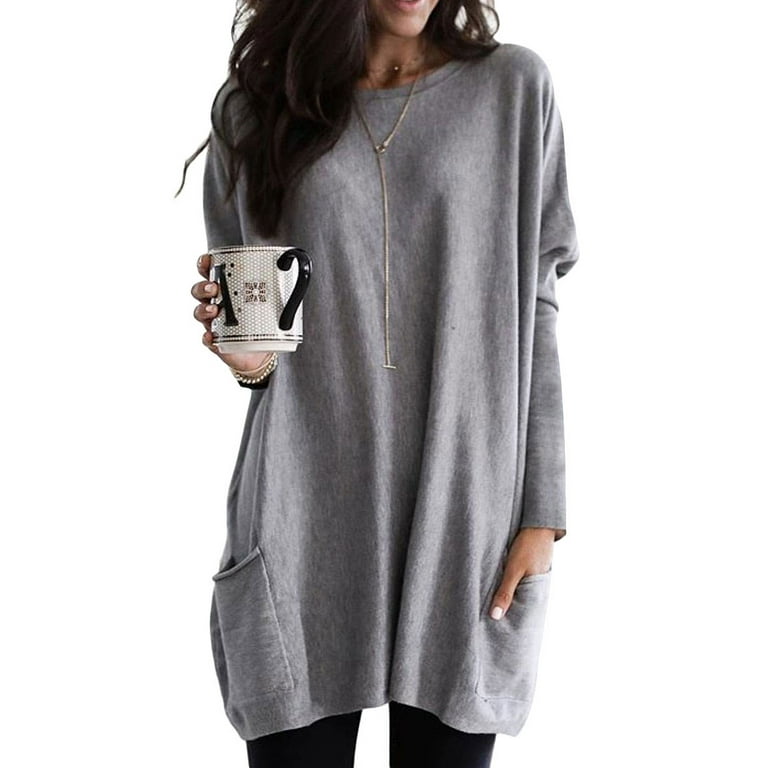 HIMONE Oversized Long Sleeve Tunic Tops Crew Sweatshirts Casual Baggy Pocket Long Tunic Tops Pullover Blouse T Shirts -