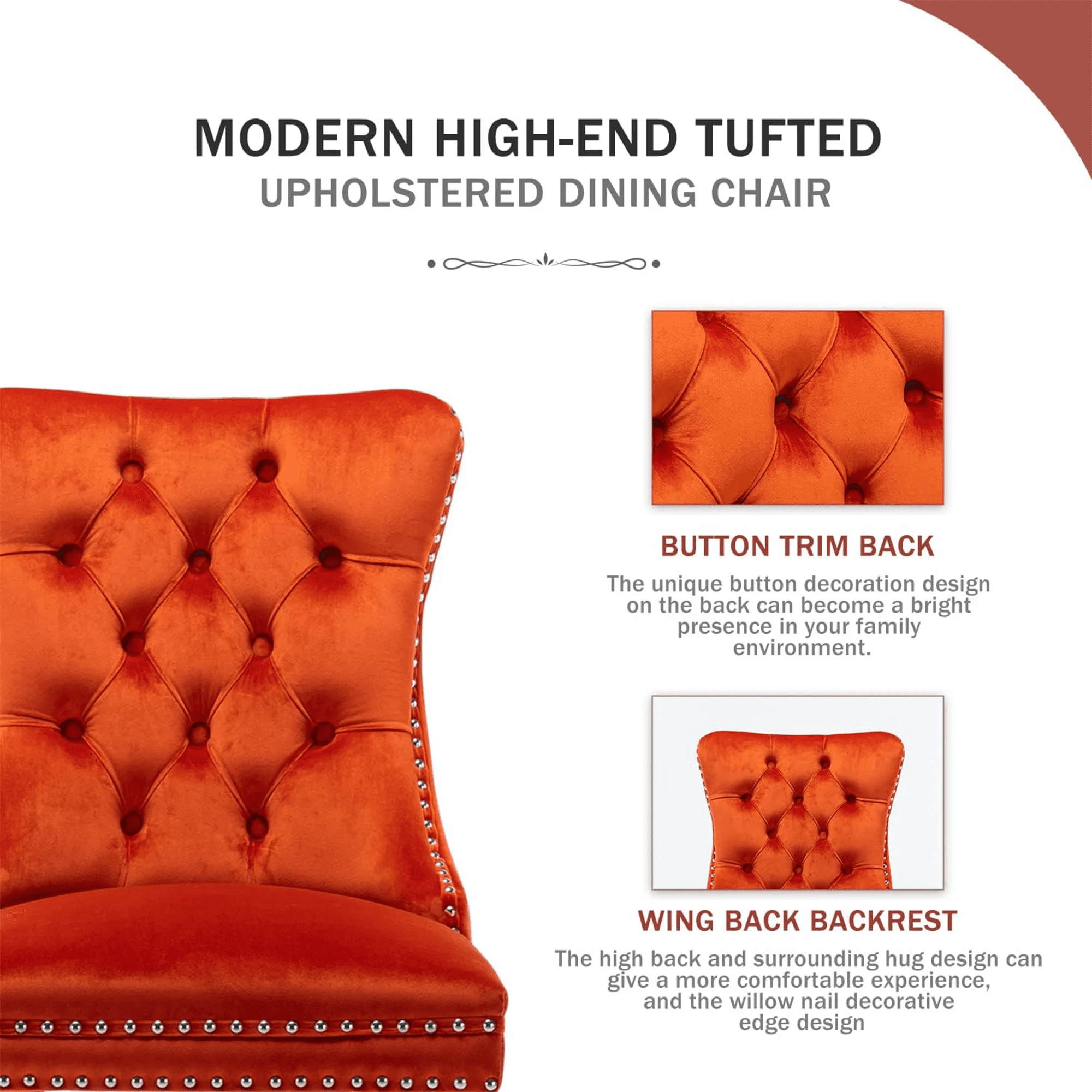 Dining Chairs Set of 2, Upholstered High-End Tufted Dining Room Chair with Back Ring and Nailhead Trim, Modern Velvet Kitchen Chairs with Solid Wood Legs for Kitchen, Home,Orange