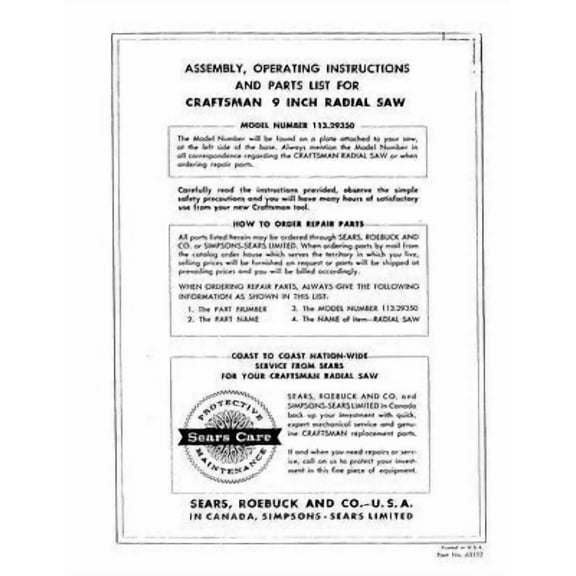 1965 Craftsman 113.29350 Radial Arm Saw - Instructions and Parts List REPRINT