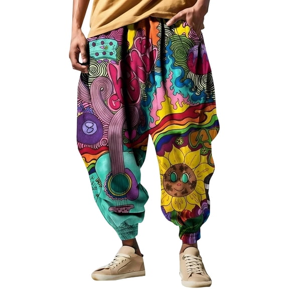 CONZONE Mens Baggy Harem Pants Wide Leg Pants for Men Trendy Elastic Waist Graphic Y2K Soft Casual Joggers With Pocket