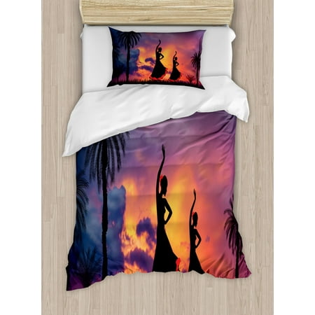 Twin Dancing - Spanish Duvet Cover Set Twin Size, Silhouette of Two Girls Dancing Flamenco with Dramatic Cloudy Sunset Sky Background, Decorative 2 Piece Bedding Set with 1 Pillow Sham, Multicolor, by Ambesonne