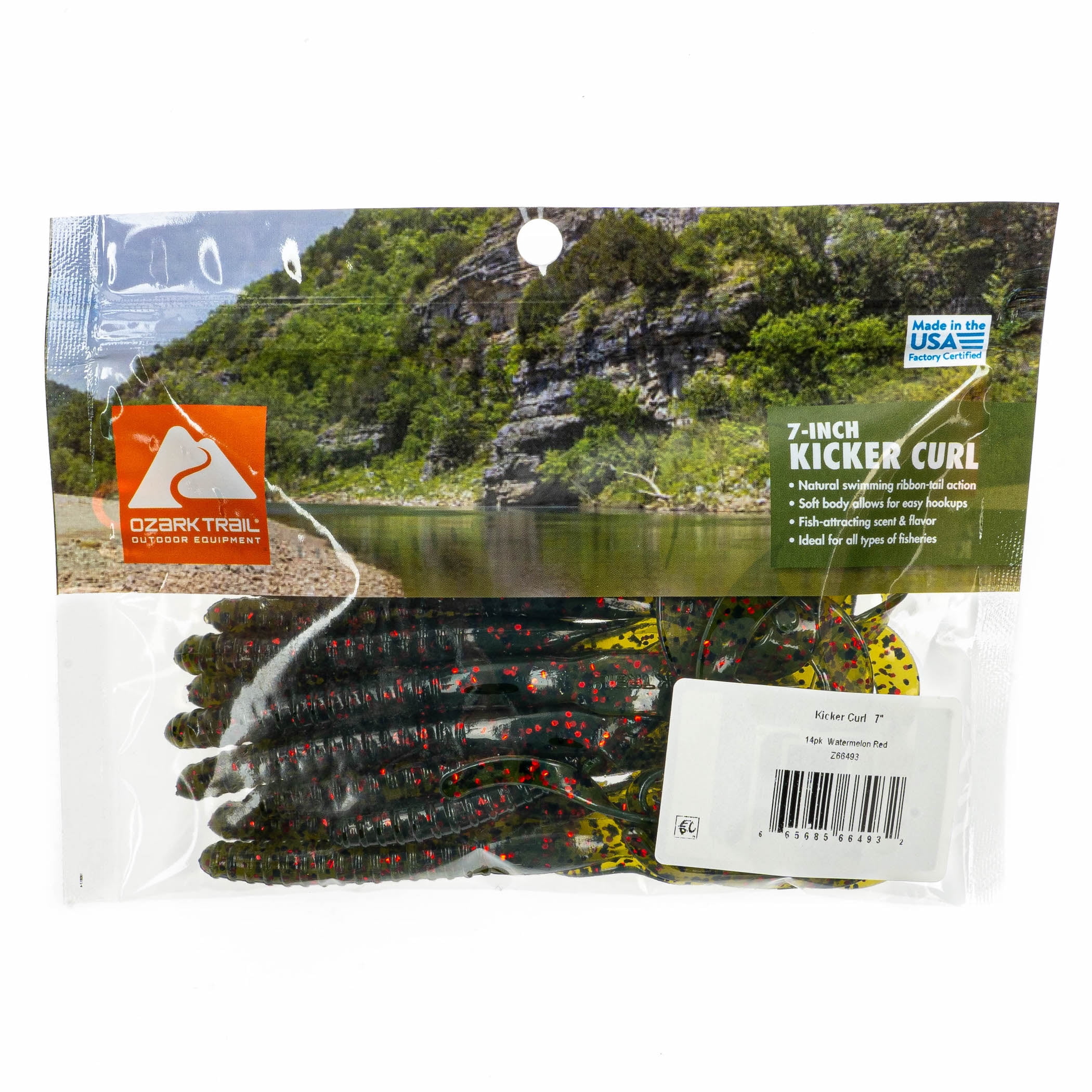 (2 pack) Ozark Trail Kicker Curl 7”, Watermelon Red, 14 pieces Fishing Soft Baits
