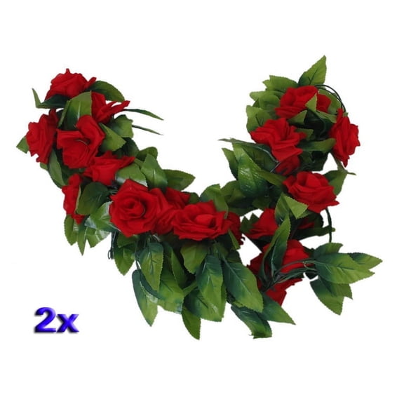 2x Artificial Rose Garland Flower Wedding Home Garden Decor - Red and green