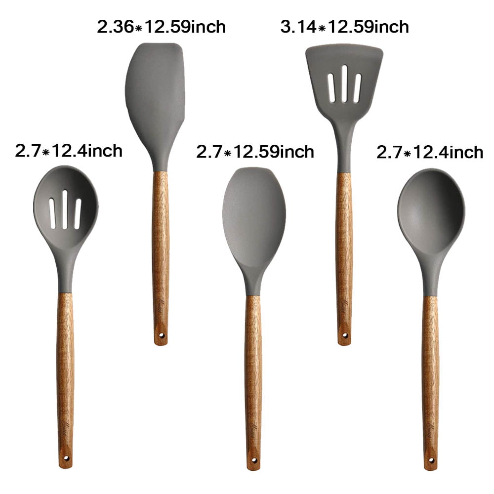 Kitchen Silicone Cooking Utensil Set with Wood Handle - Multipurpose Wooden Cooking Utensils - 5pcs Nonstick Kitchen Utensils (Gray), Size: 5Pcs/Set