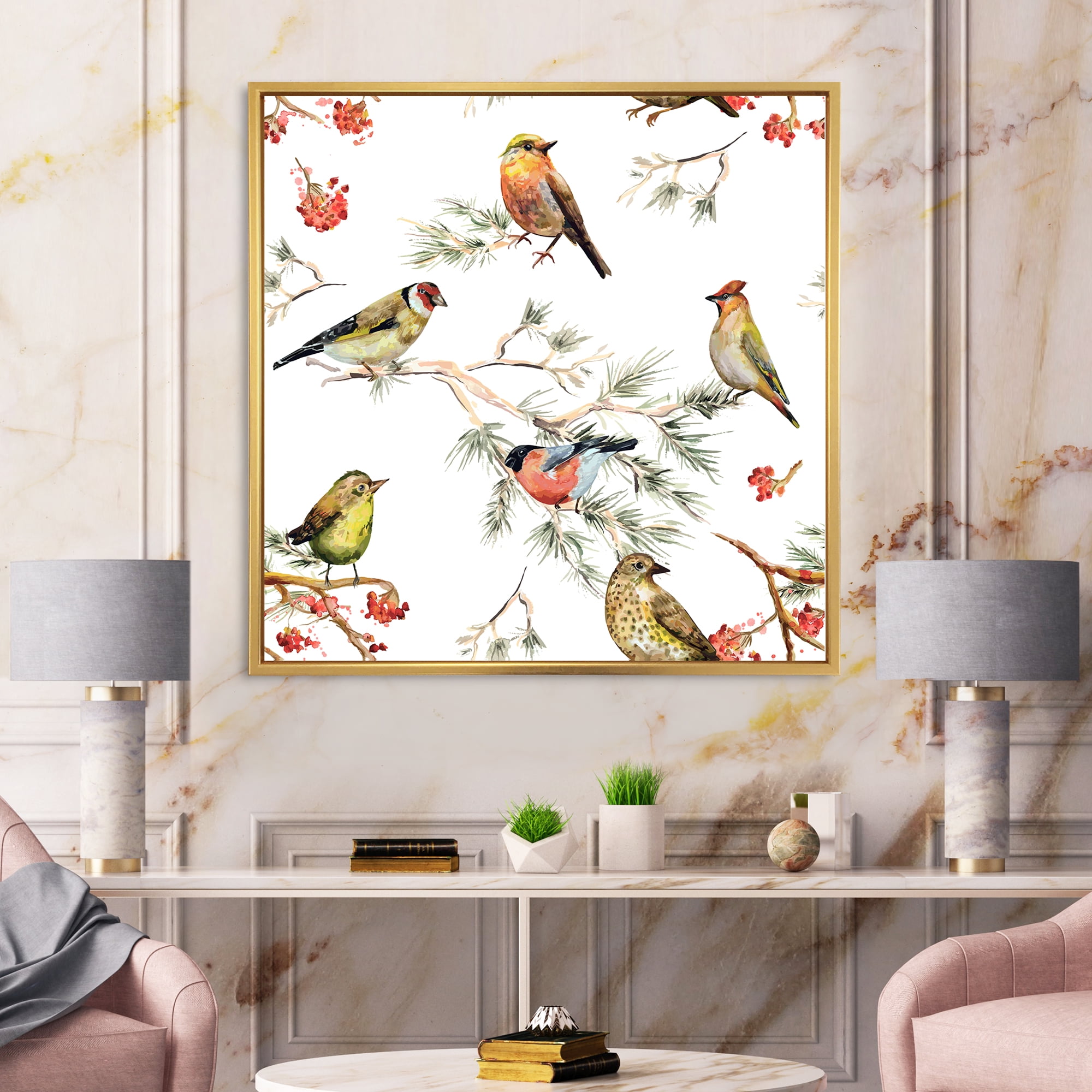 Designart 'Forest Birds Sitting On Branches' Traditional Framed Canvas Wall Art Print
