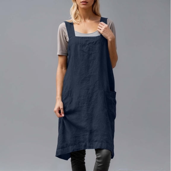 ZHOGXU Women's Dress Sleeveless Suspender Solid Color Fashion Comfortable Loose Fit Linen Pinafore With Pockets For Casual Daily Wear,Blue,L