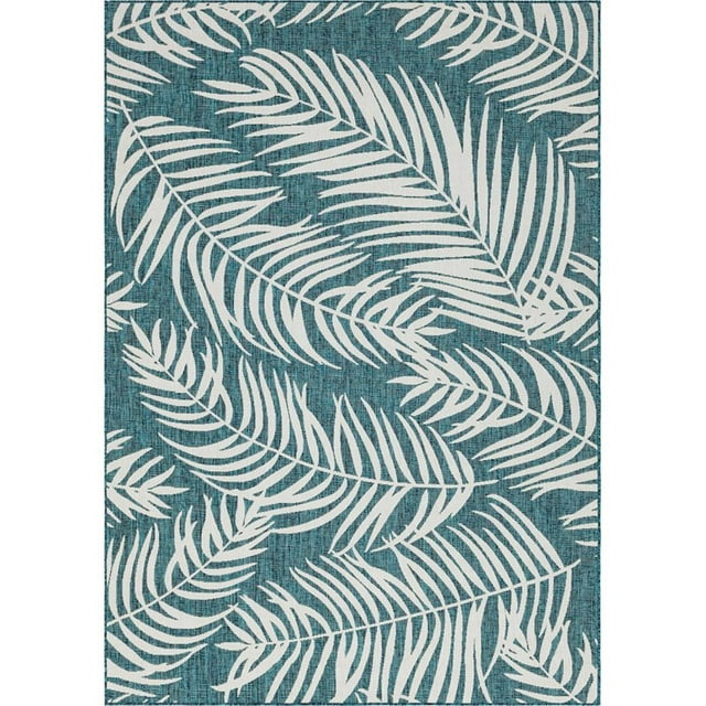 Unique Loom Extérieur Botanique Feuilles Tapis 8' x 11'4 Rectangle Turquoise/ivoire