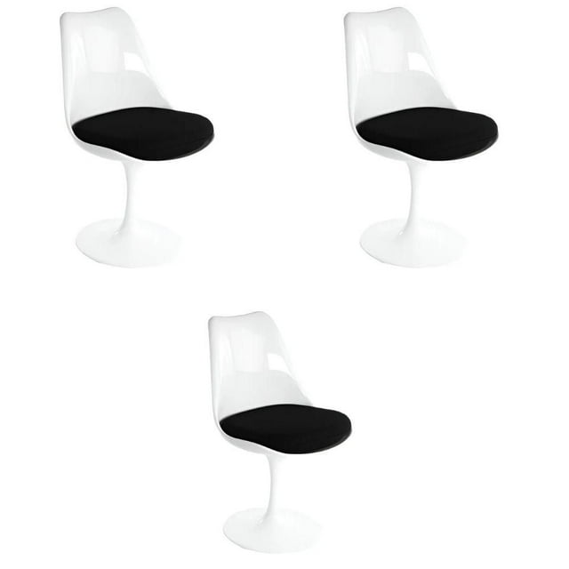 Set of three Heavenly White Tulip armless chairs each featuring a sleek white base and black cushion.