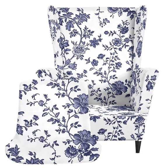 Qpednta Blue Flowers Wingback Chair Slipcovers, 2 PCS Wing Chair Slipcover with Separate Cushion, Elastic Non Slip Wingback Chair Protector Cover for Hotel