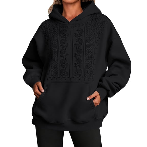 Women's Floral Embroidered Hoodie Sweatshirt, Long Sleeve Kangaroo Pocket Relaxed Pullover Top for Casual Everyday Wear