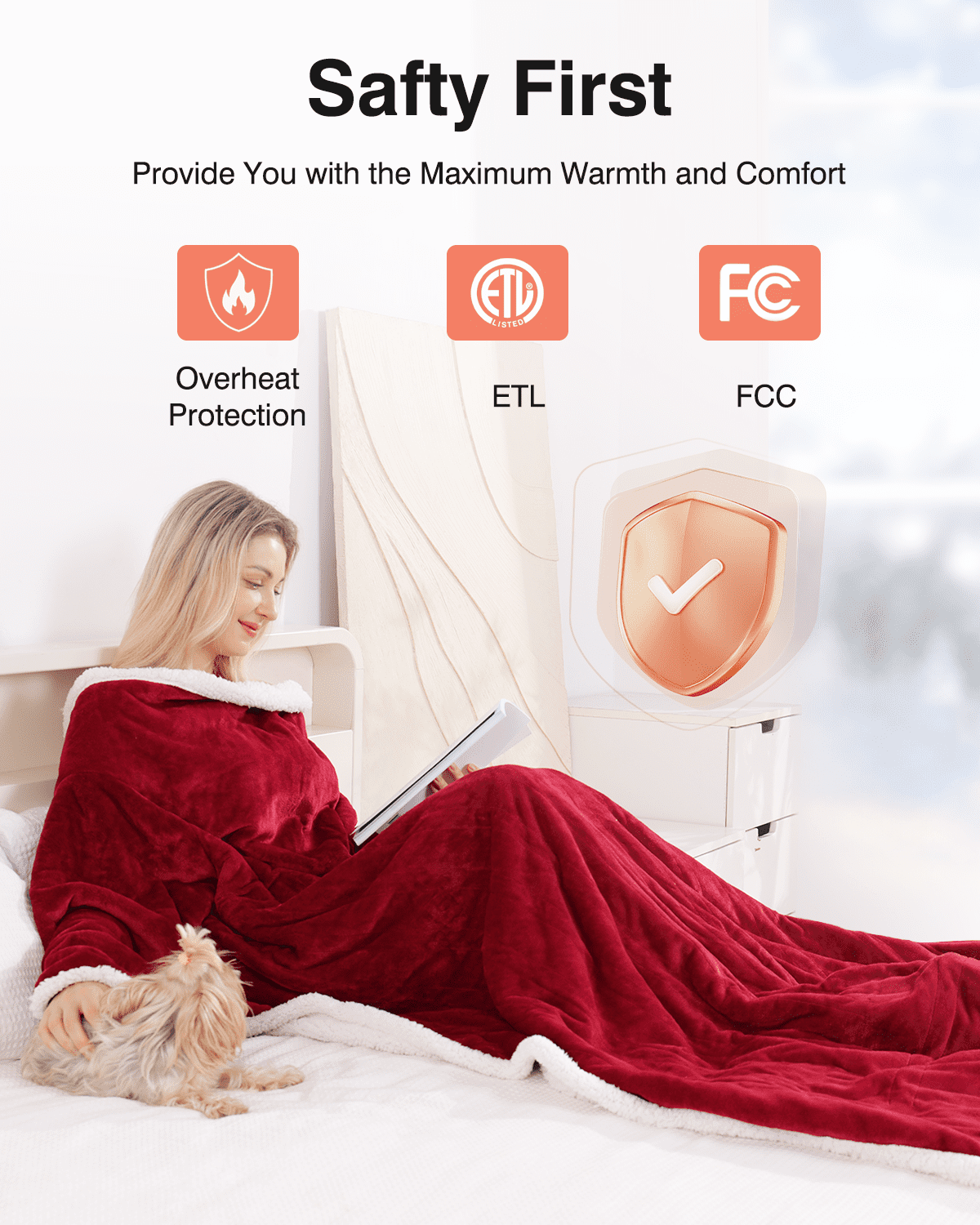 Ocuuziisu Wearable Heated Throw Blanket with Pockets, 50" x 70" Flannel and Sherpa Electric Wrap Poncho Shawl, 4-Hour Auto Shut Off, Machine Washable, Red