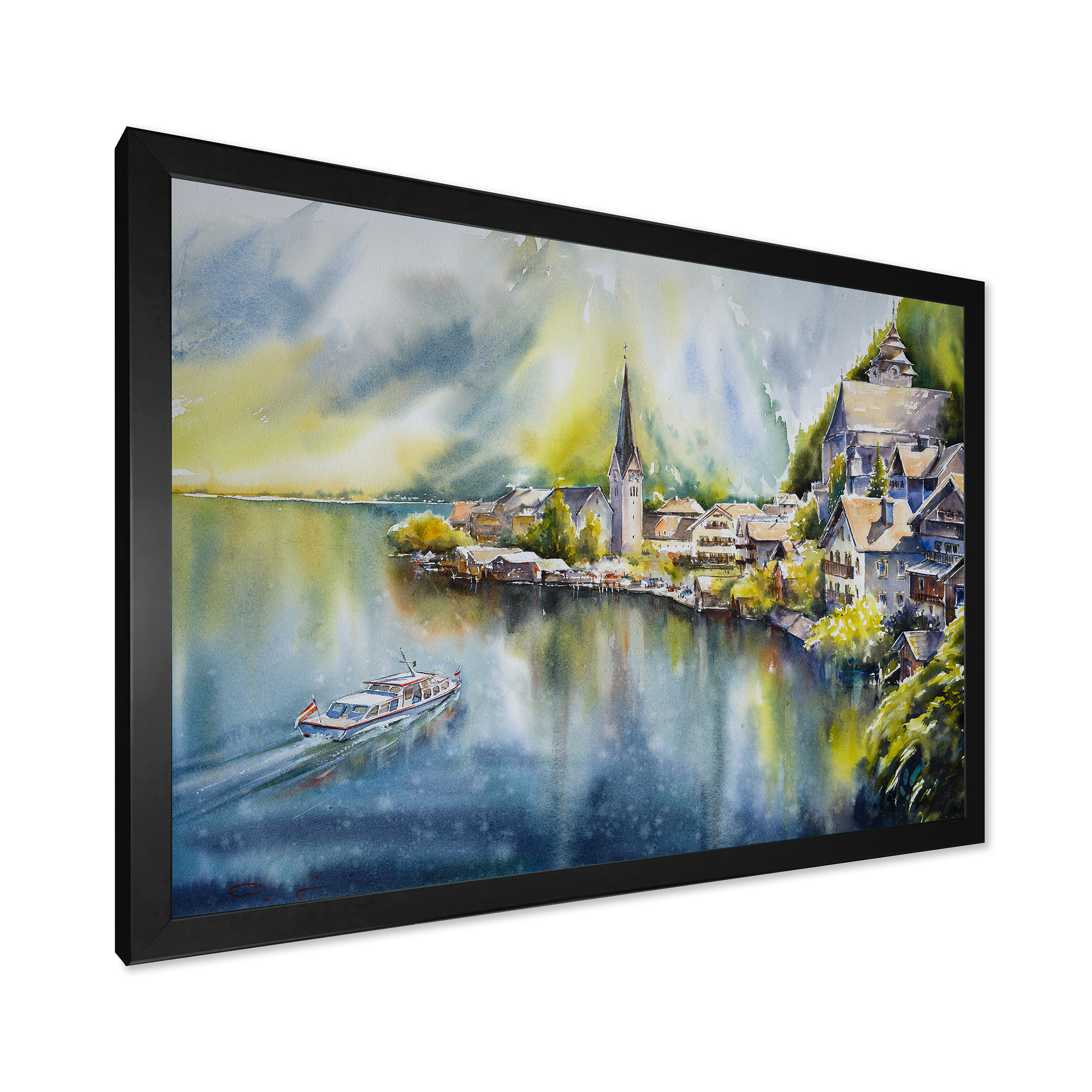 Designart 'The River In Austria Through Mountain Village' Nautical & Coastal Framed Art Print