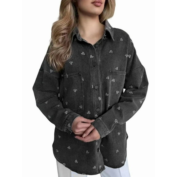 Women'S Denim Shirt Button-Up Denim Jacket Autumn Fashion Printed Casual Shirt Tops Black S