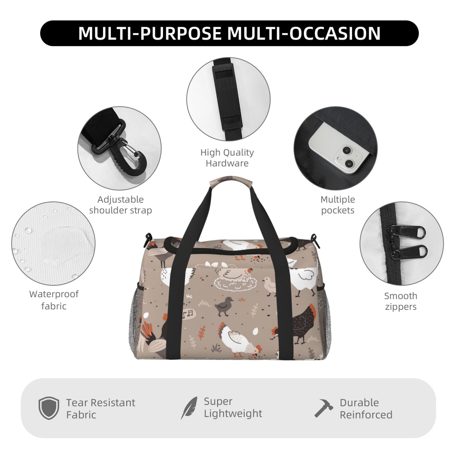 Fuzoiu Chicken Print Travel Duffle Bag,Carry On Tote Bags,Duffel Bag,Sport Gym Bag, Hospital Bag for Labor and Delivery, Overnight Bag,Luggage Bag