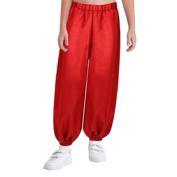 Aislor Girls Satin Bloomers Belly Dance Loose Solid Color Harem Pants Halloween Indian Arabic Trousers Red 6