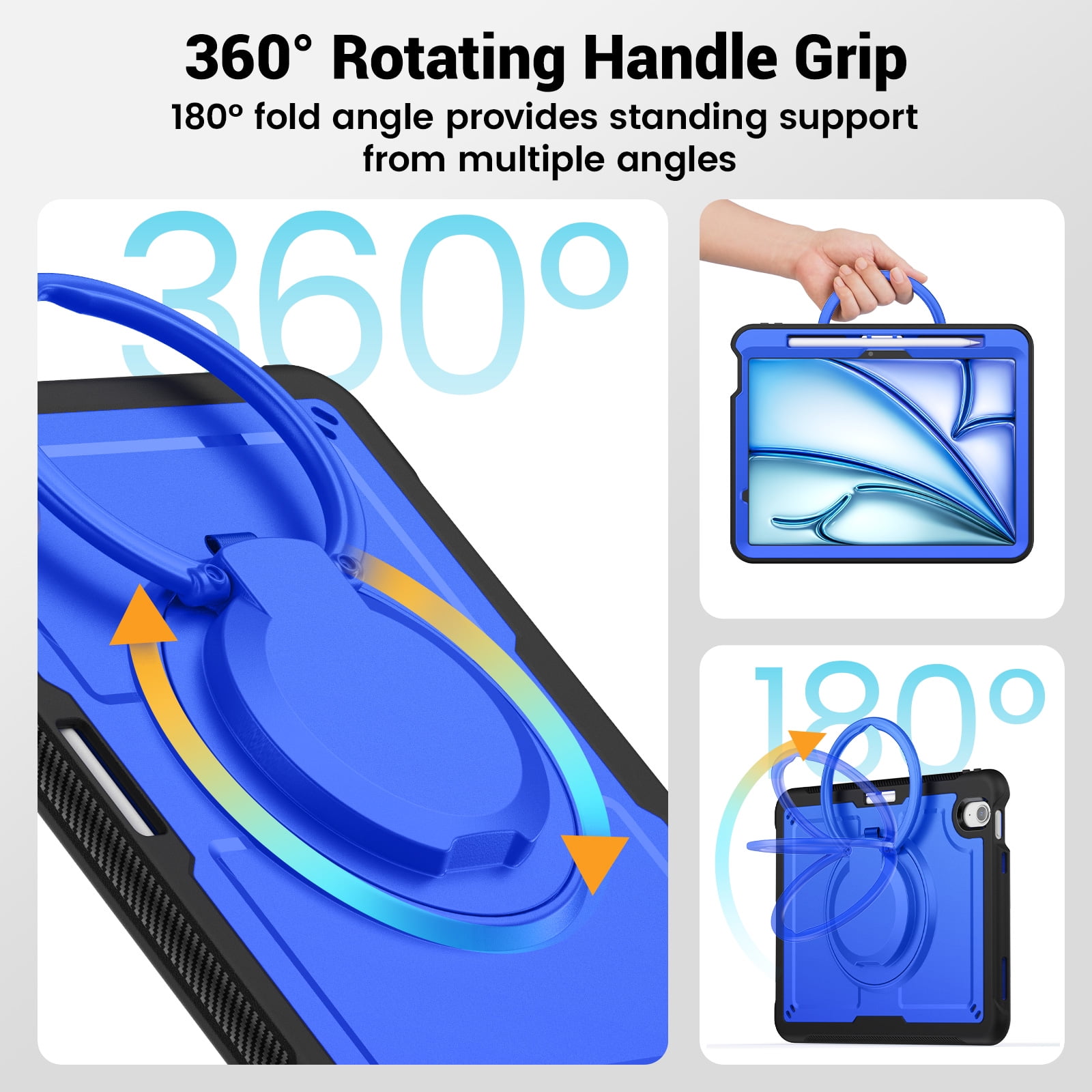 Shockproof Case for Apple iPad Air 11 Inch M3 M2 2025/2024, Rugged Hybrid Protective Cover with Pencil Holder & Shoulder Strap Kids Friendly Rotating Kickstand Case for iPad Air 11 Inch, Darkblue