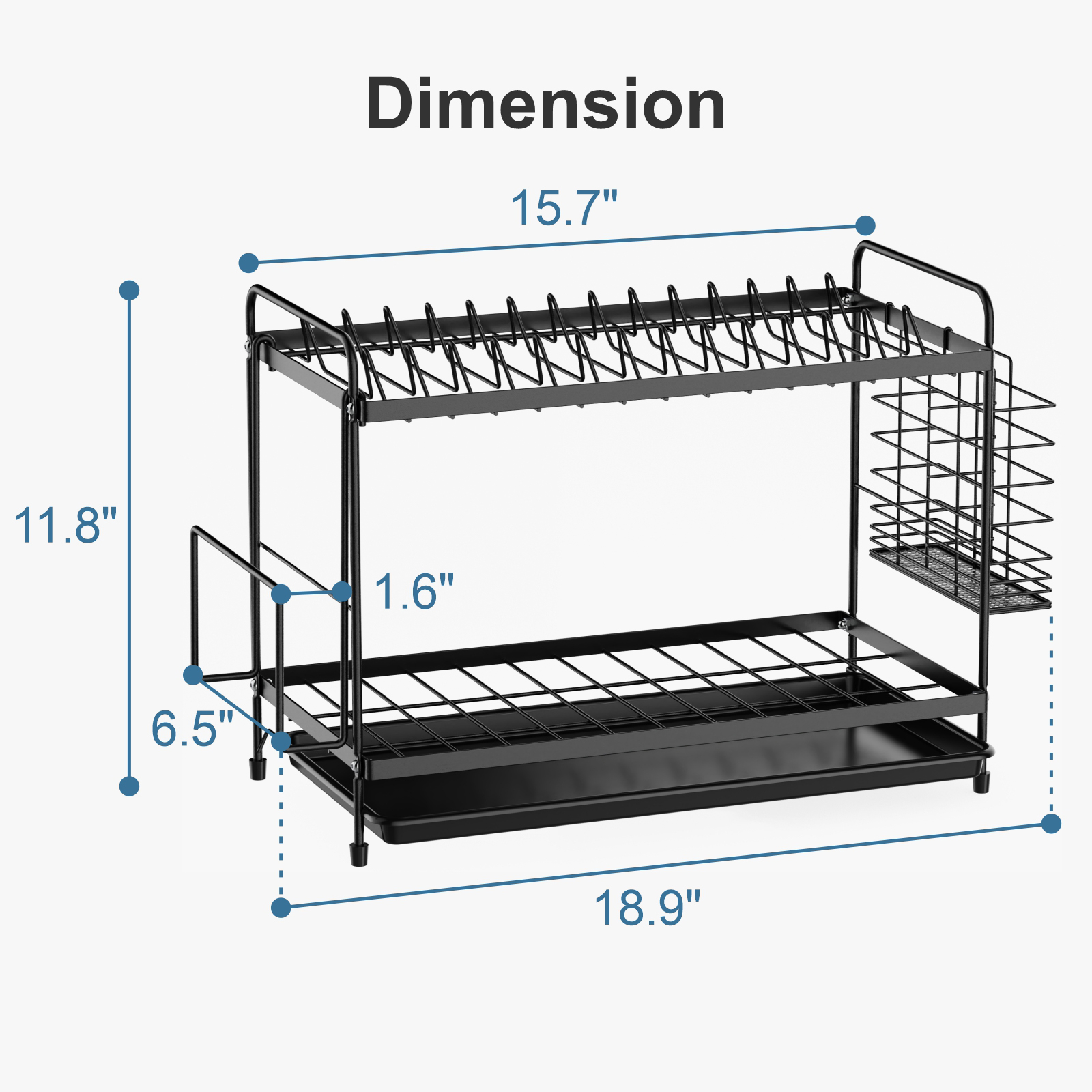 iSPECLE 2 Tier Dish Racks Dish Drainers with Water Tray Cutlery Holder for Small Kitchen Households Black, 18.90 x 8.27 x 11.81 Inches