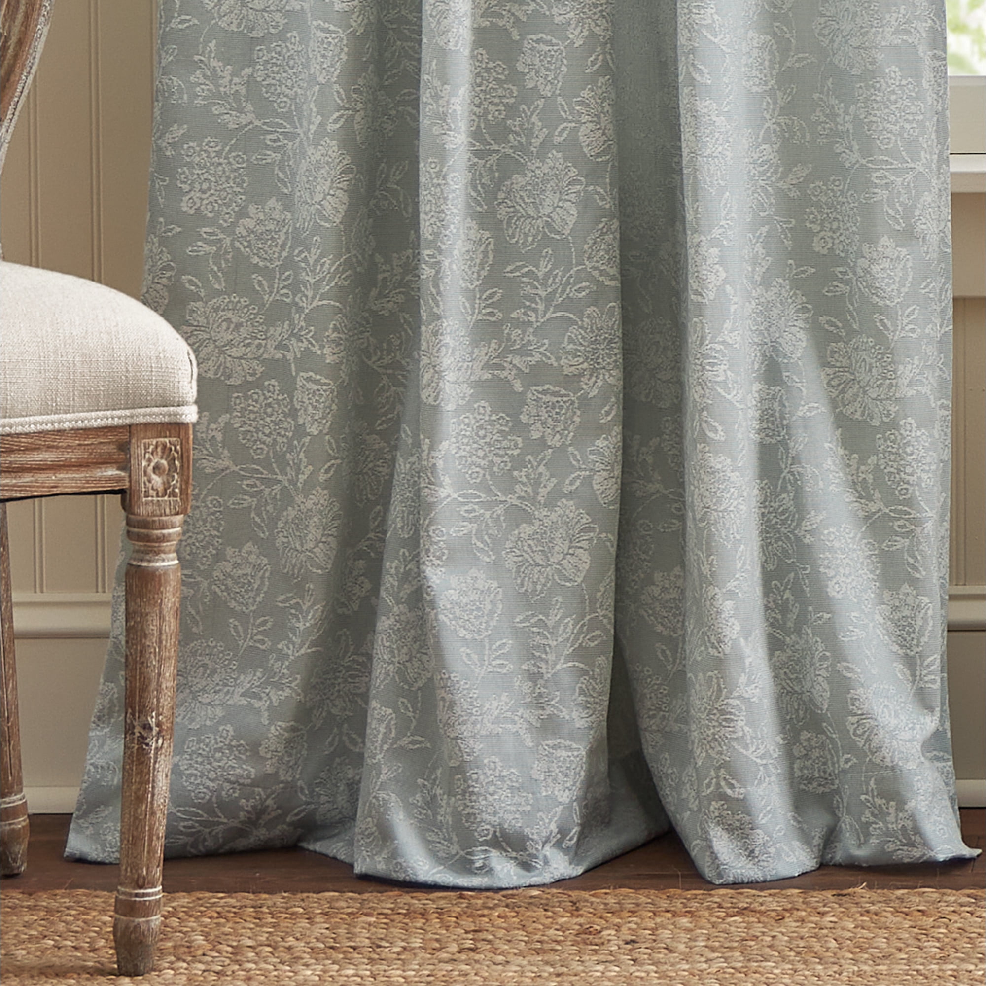 Martha Stewart Cottage Floral Jacquard Curtain Panel Pair, Light Blue, Lined, Pole Top/Back Tab, Room Darkening, Indoor Curtain Panels, Adult, 2 Piece Set, 50"x 95"