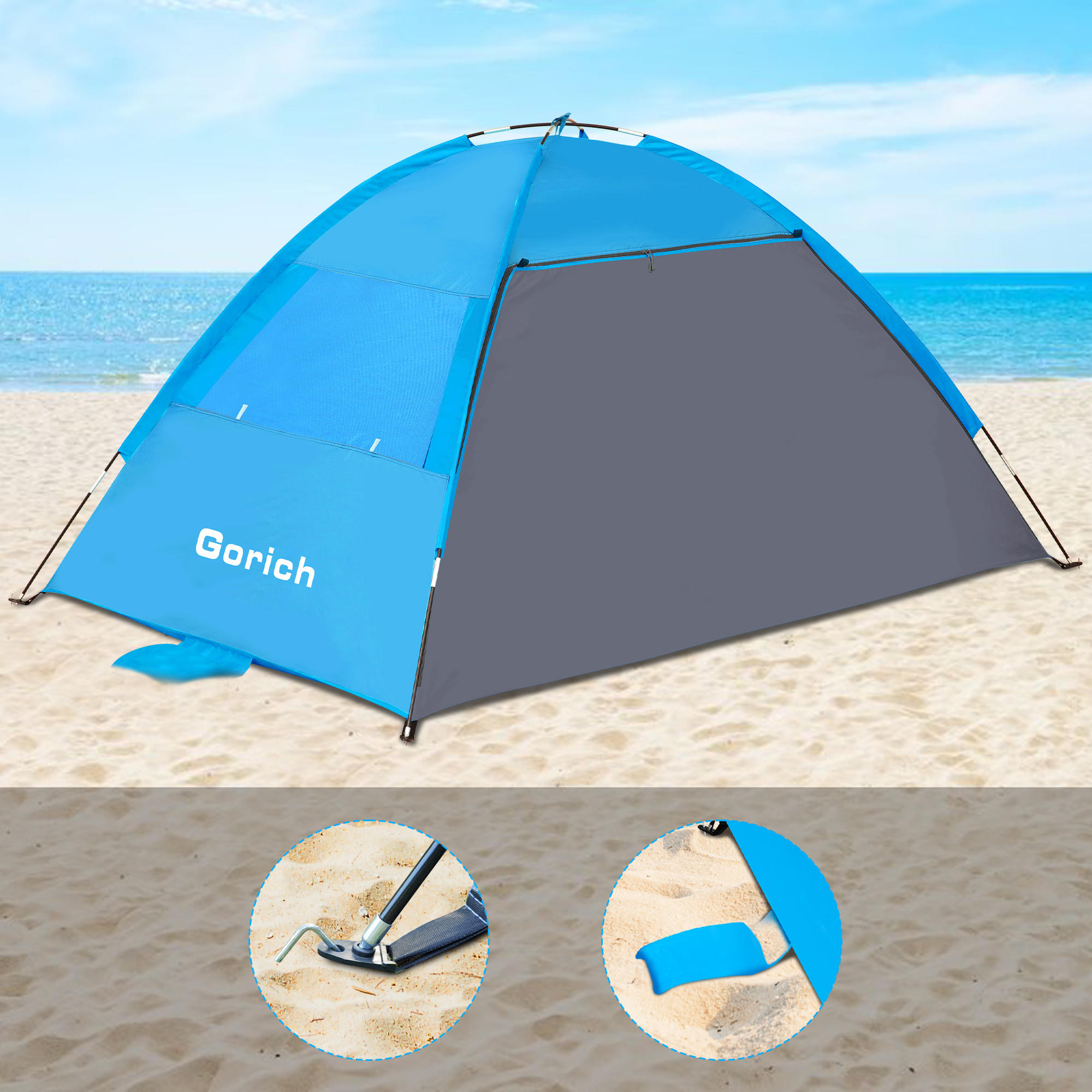 Gorich Beach Tent for 3/4/6/8 Person, UPF 50+ UV Protection, Portable Sun Shelter, Easy Setup Sun Shade Beach Canopy with Carry Bag