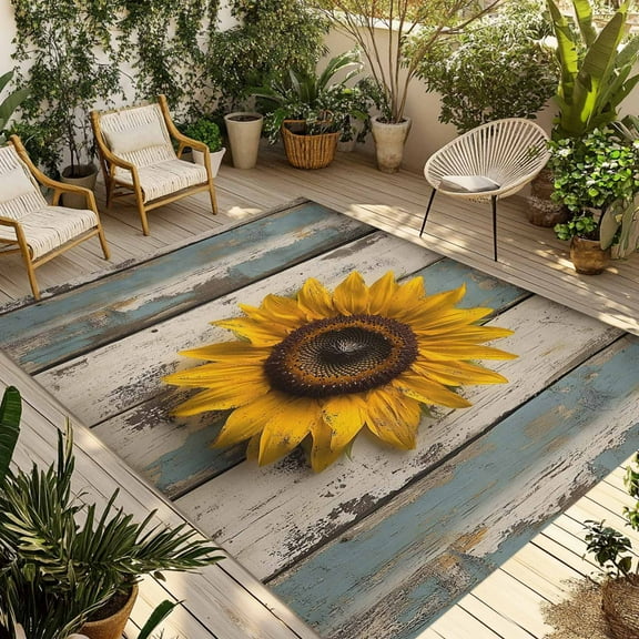 Fsddascl Sunflower Outdoor Rug for Patio/Deck/Porch, Non-Slip Large Area Rug 4 x 6 Ft, Yellow Vintage Summer Botanical Wooden Indoor Outdoor Rugs Washable Area Rugs, Reversible Camping Rug Carpet