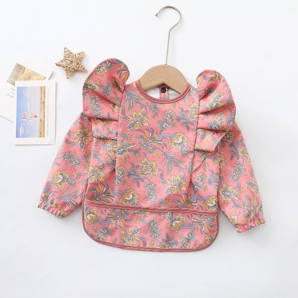 Monos para niños, ropa de comer con alas de manga larga, ropa de bebé retro, ropa de alimentación impermeable y antisuciedad de PU suave para bebés