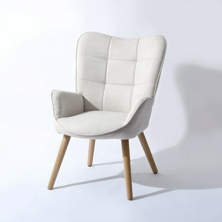 Modern Accent Chair - Beige Fabric with Wooden Legs