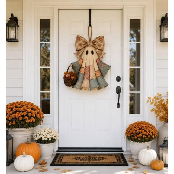 Vintage Fall Glowing Ghost Door Hanger, Patchwork Stitched Fabric Ghost Holding Pumpkin Harvest Basket With Elegant Bow, LED Halloween Decoration For Farmhouse Entryway Mantel Porch Wall Decor