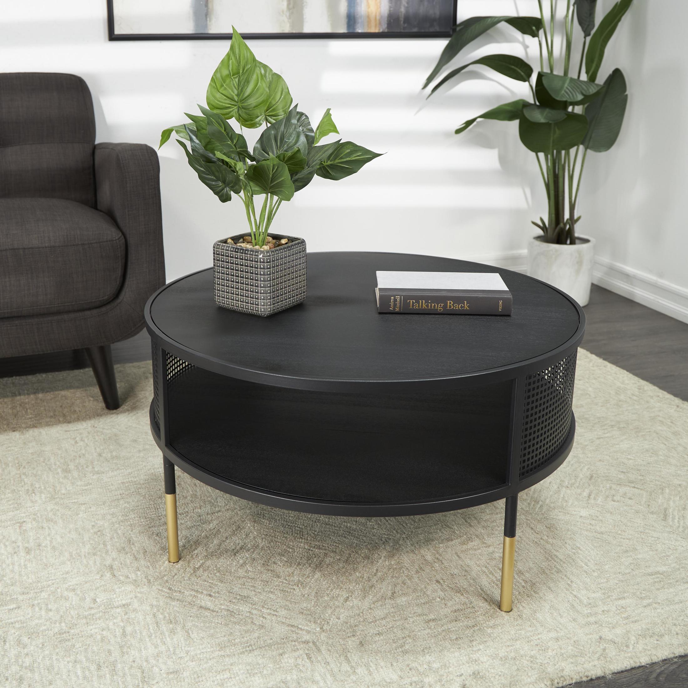 DecMode 32" x 17" Black Metal Open Grid Frame Geometric Coffee Table with Gold Legs, 1-Piece