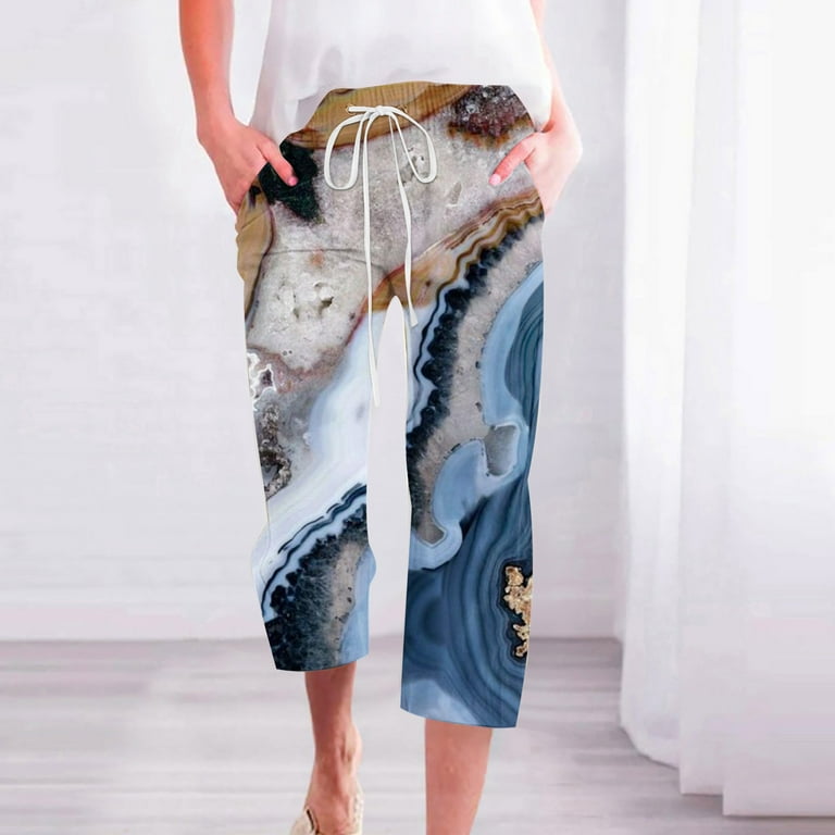 VSSSJ Capris Pants for Women Straight Leg Marble Printed Fashion
