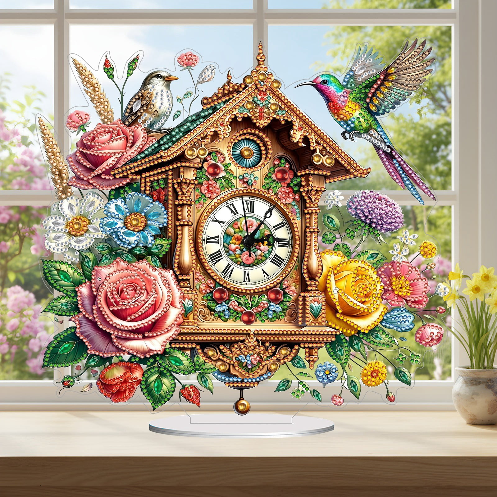 FLOPESN DIY Diamond Art Painting Desk Decor, 11.61*10.75 inch, Clock with Vintage Flowers and Birds Theme, Creative PET Table Ornament