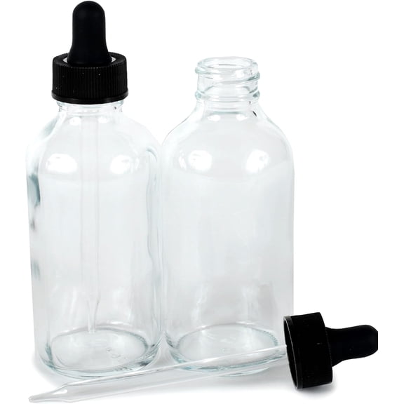 , Clear, 4 oz Glass Bottles, with Glass Eye Droppers - 2 pack