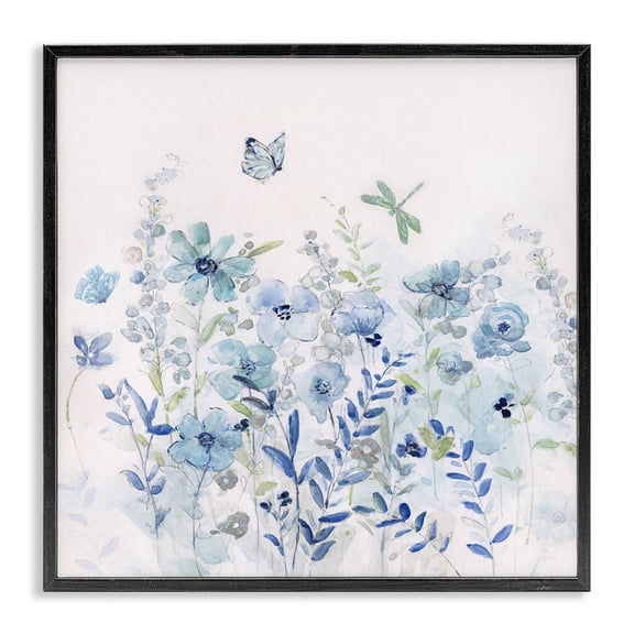 Stupell Industries Farmhouse Butterfly Fluttering Blue Flowers Black Framed Giclee Art, 17 x 17, by Sally Swatland
