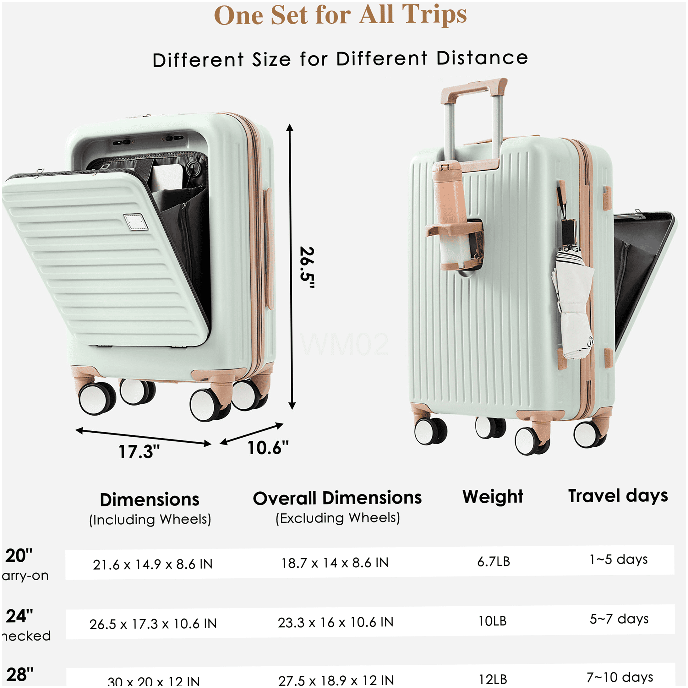 3-Piece ABS Hard Shell Luggage Set with USB Ports, Front Opening Suitcases, 360° Spinner Wheels & Cup Holder, Gray