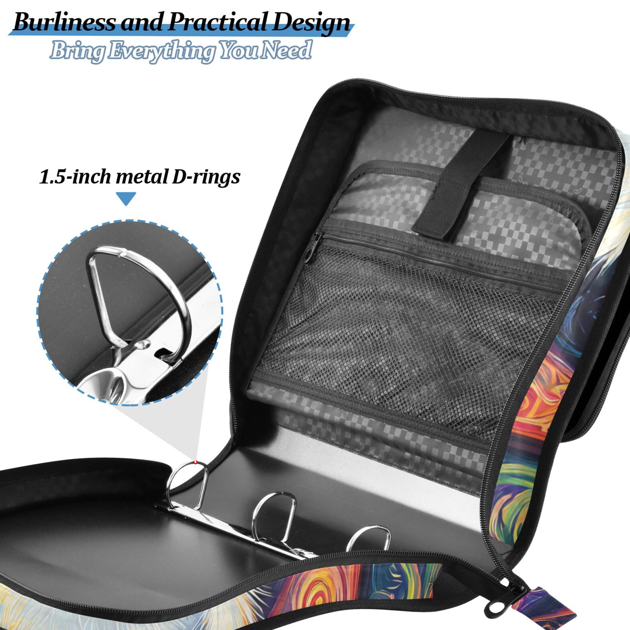 3 Ring Zipper Binder with Shoulder Strap Waterproof Trapper Keeper 2 Inch D-Ring 500 Sheets Capacity Cat Laying on Moon